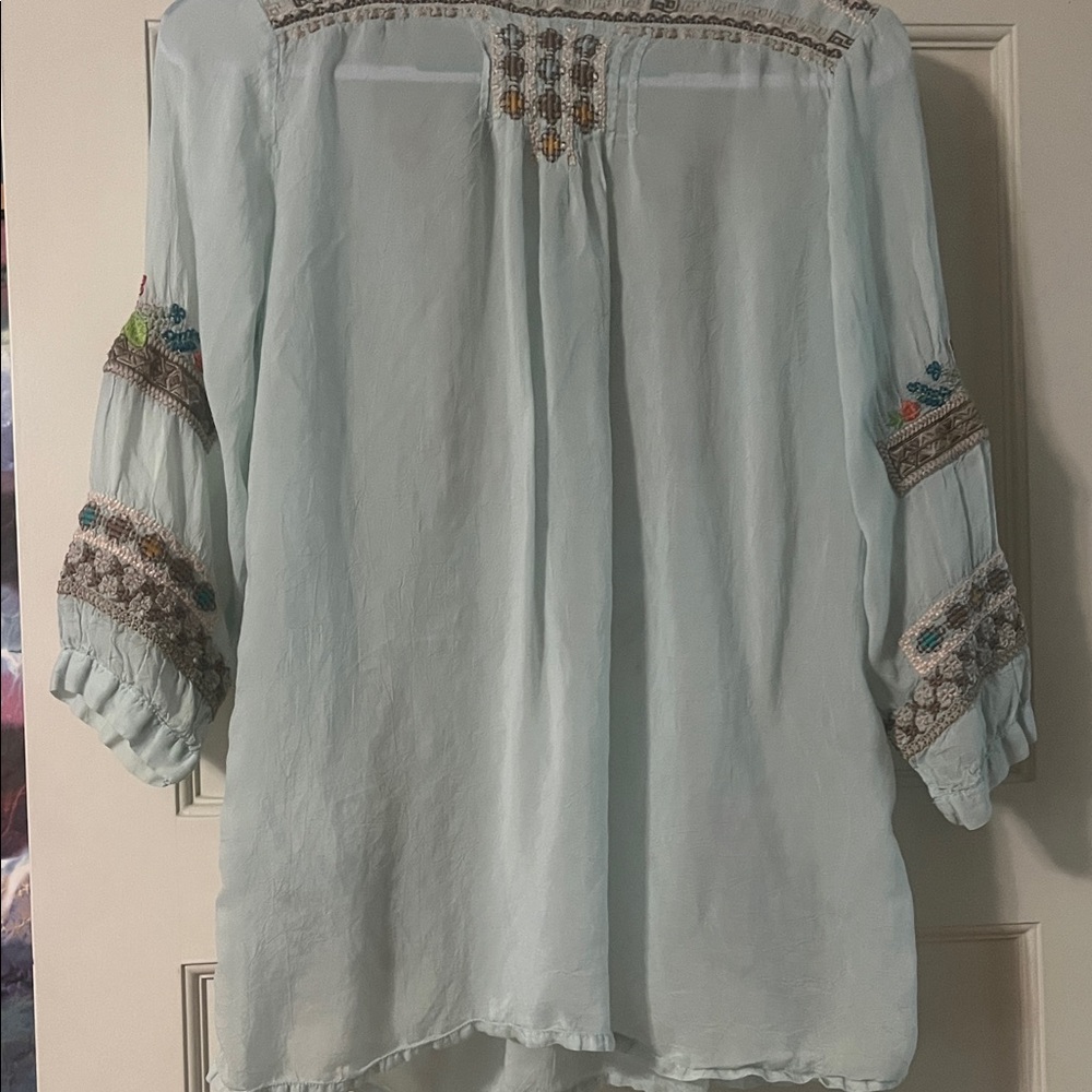 Johnny Was Pastel Blue Embroidered Blouse - Picture 4 of 9